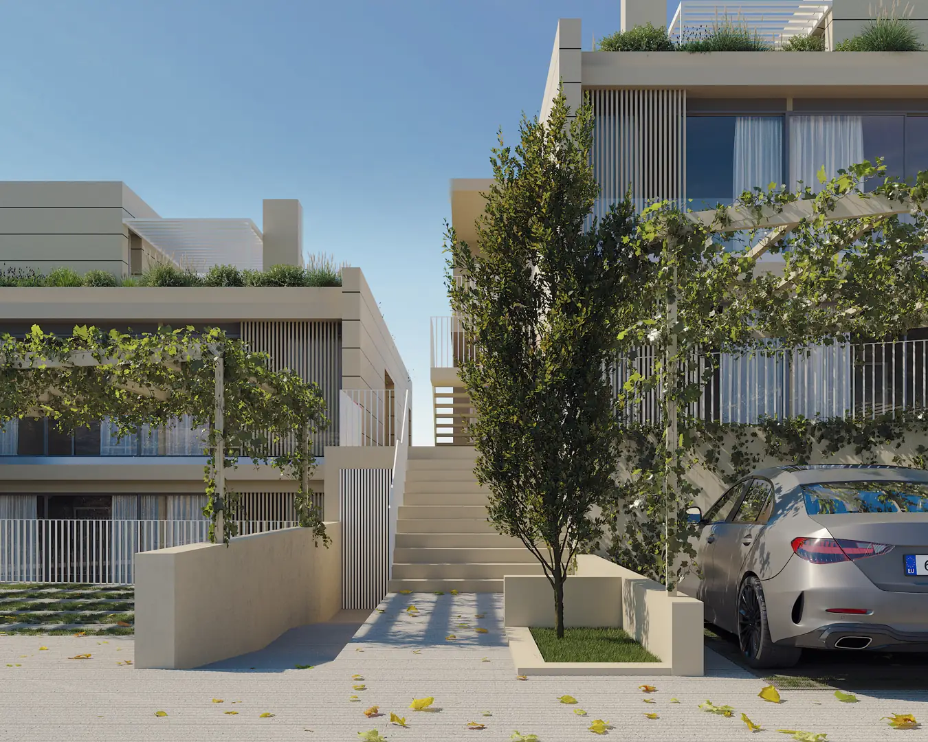 Infografía 3D fotorrealista de arquitectura residencial mostrando exteriores y zonas comunes