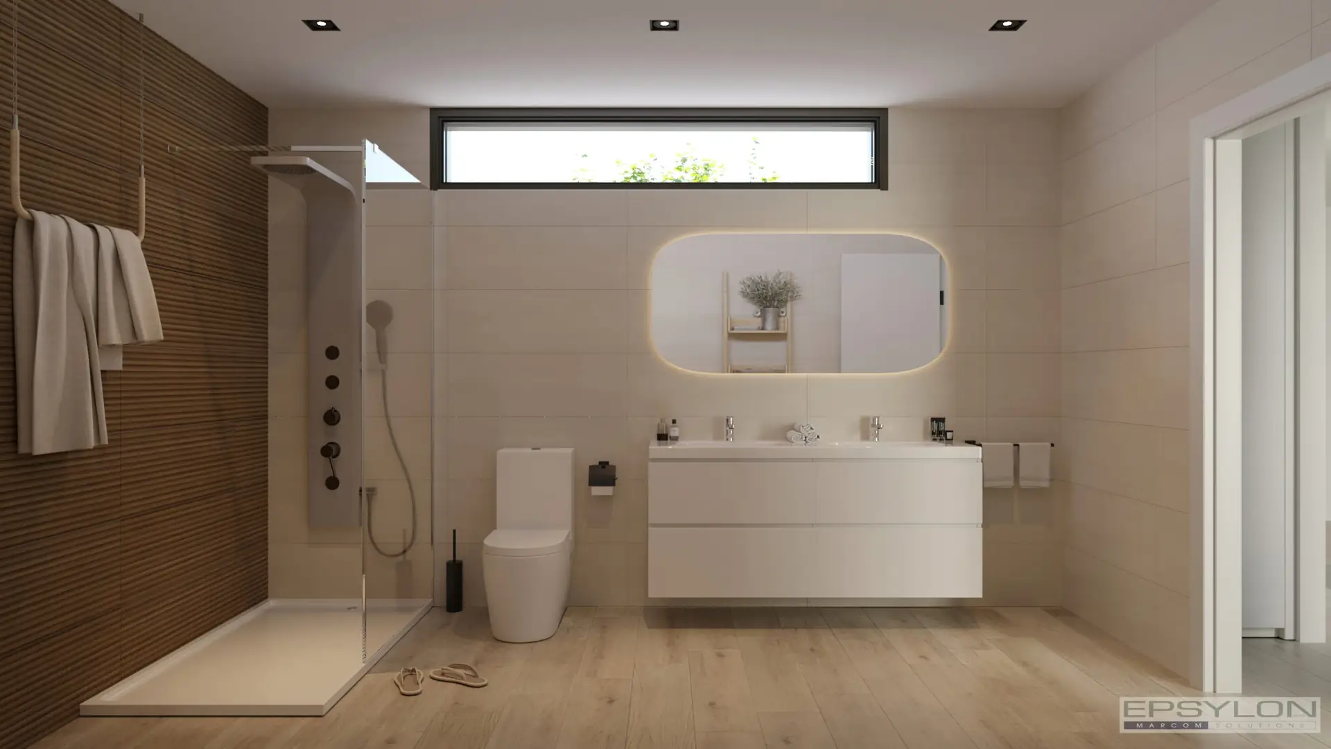 Diseño interior de baño moderno minimalista con plato de ducha amplio y mueble de doble lavabo