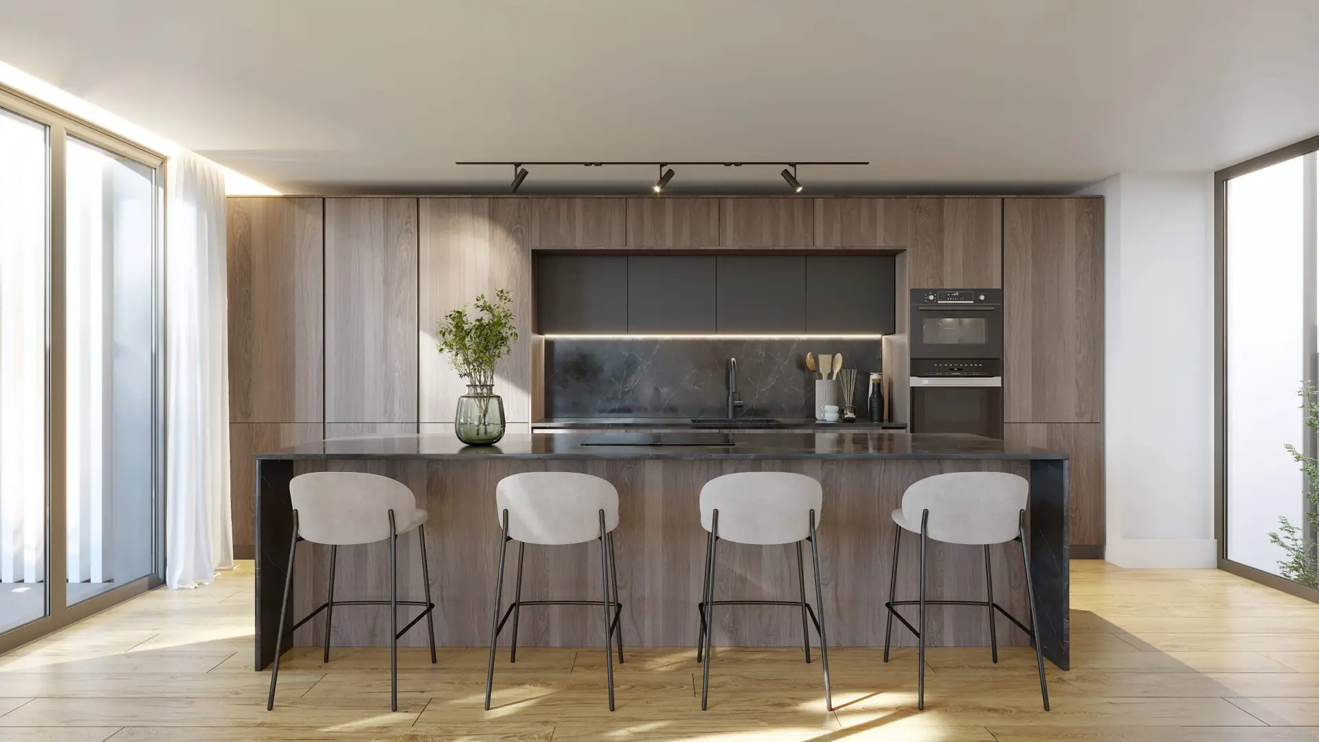Diseño de cocina moderna abierta al salón con gran isla central y acabados en madera y piedra oscura