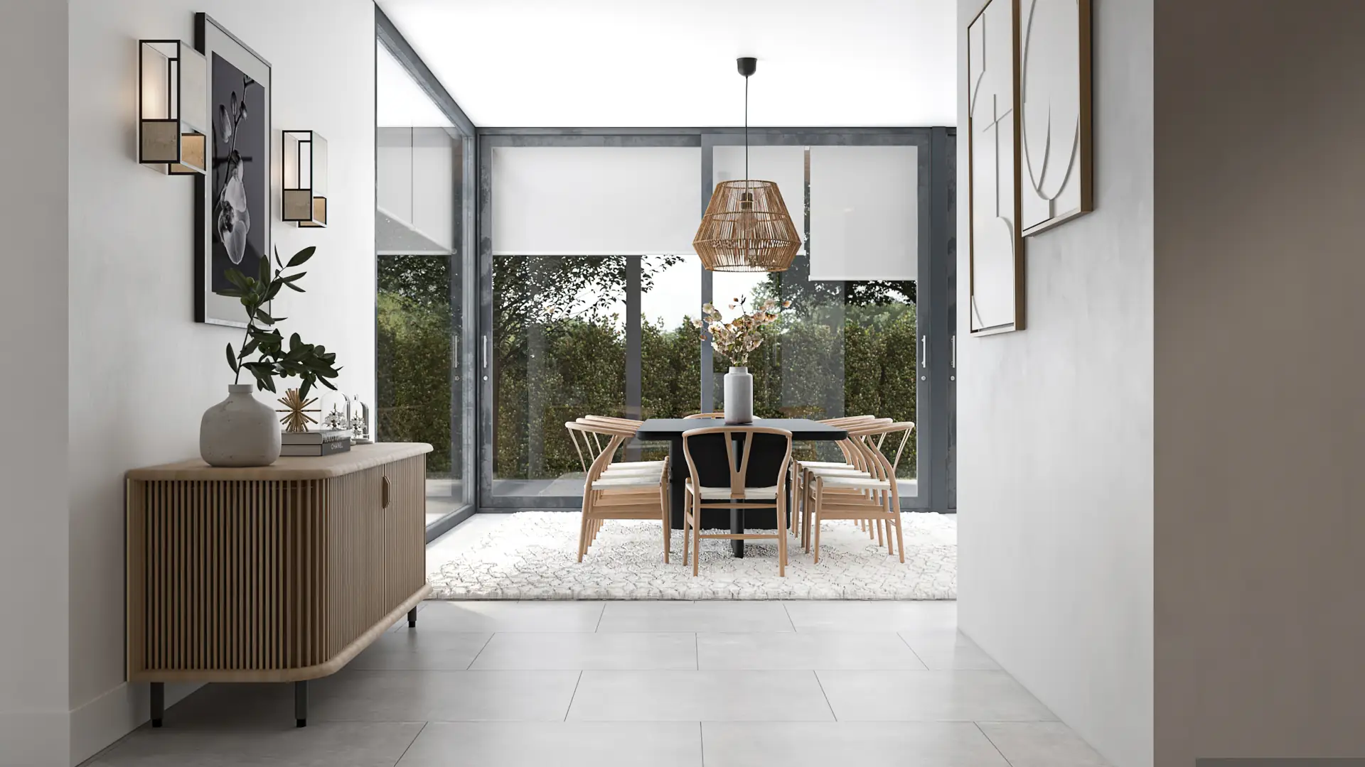 Comedor de estilo minimalista nórdico con gran ventanal fijo con vistas al jardín exterior