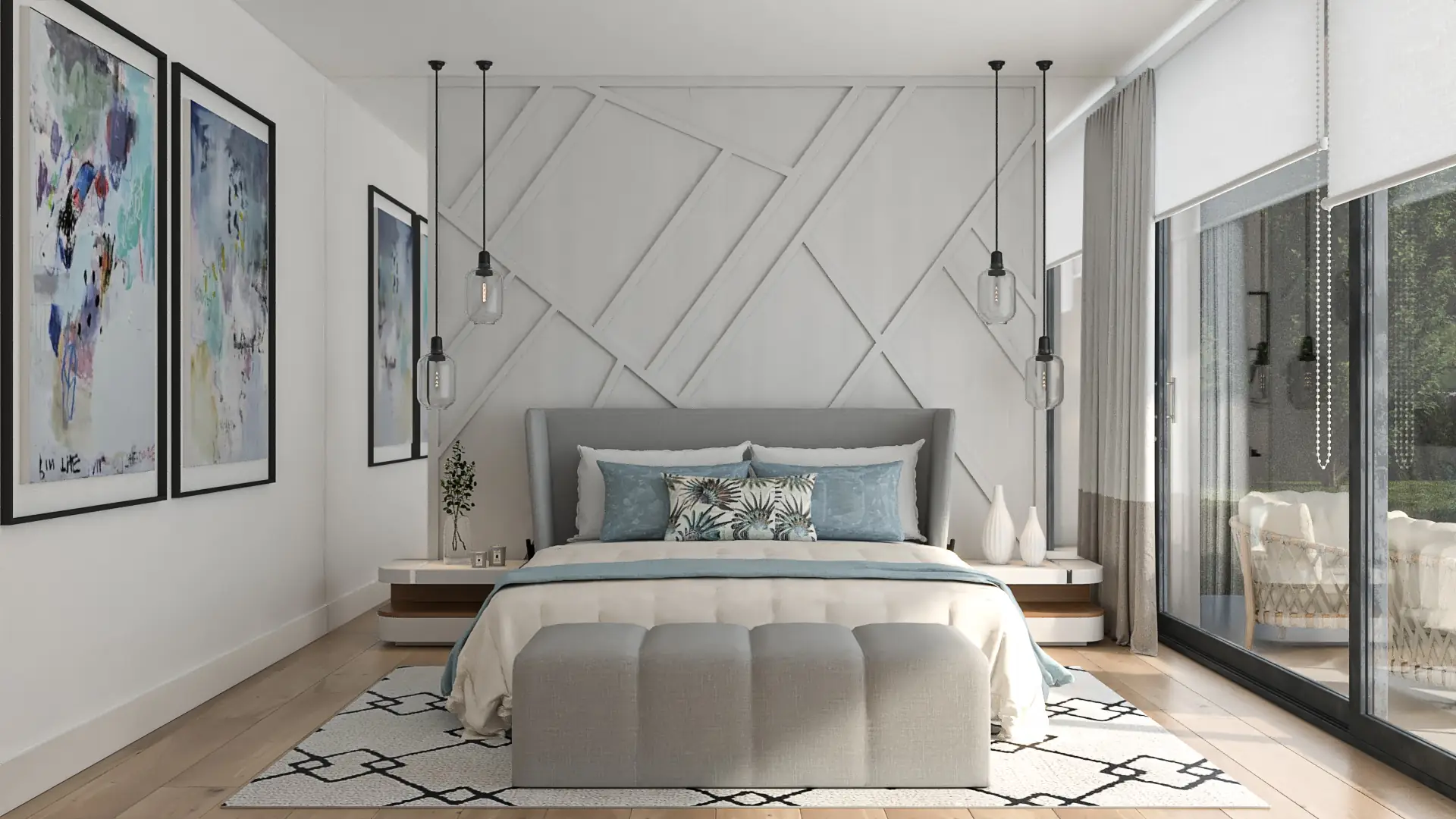 Diseño interior de dormitorio principal tipo suite con decoración moderna, cabecero tapizado y ventanal al jardín