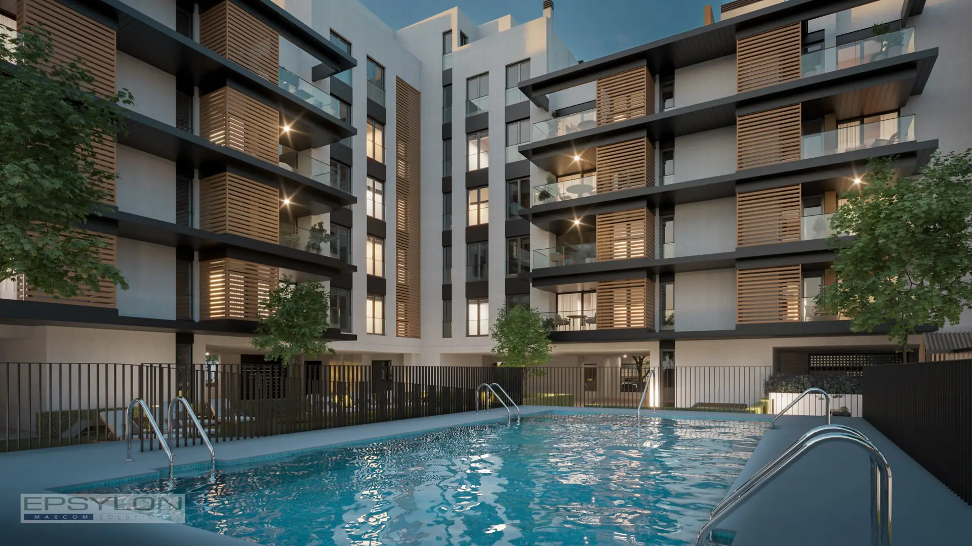 Fachada interior de edificio residencial moderno mostrando la zona de piscina comunitaria