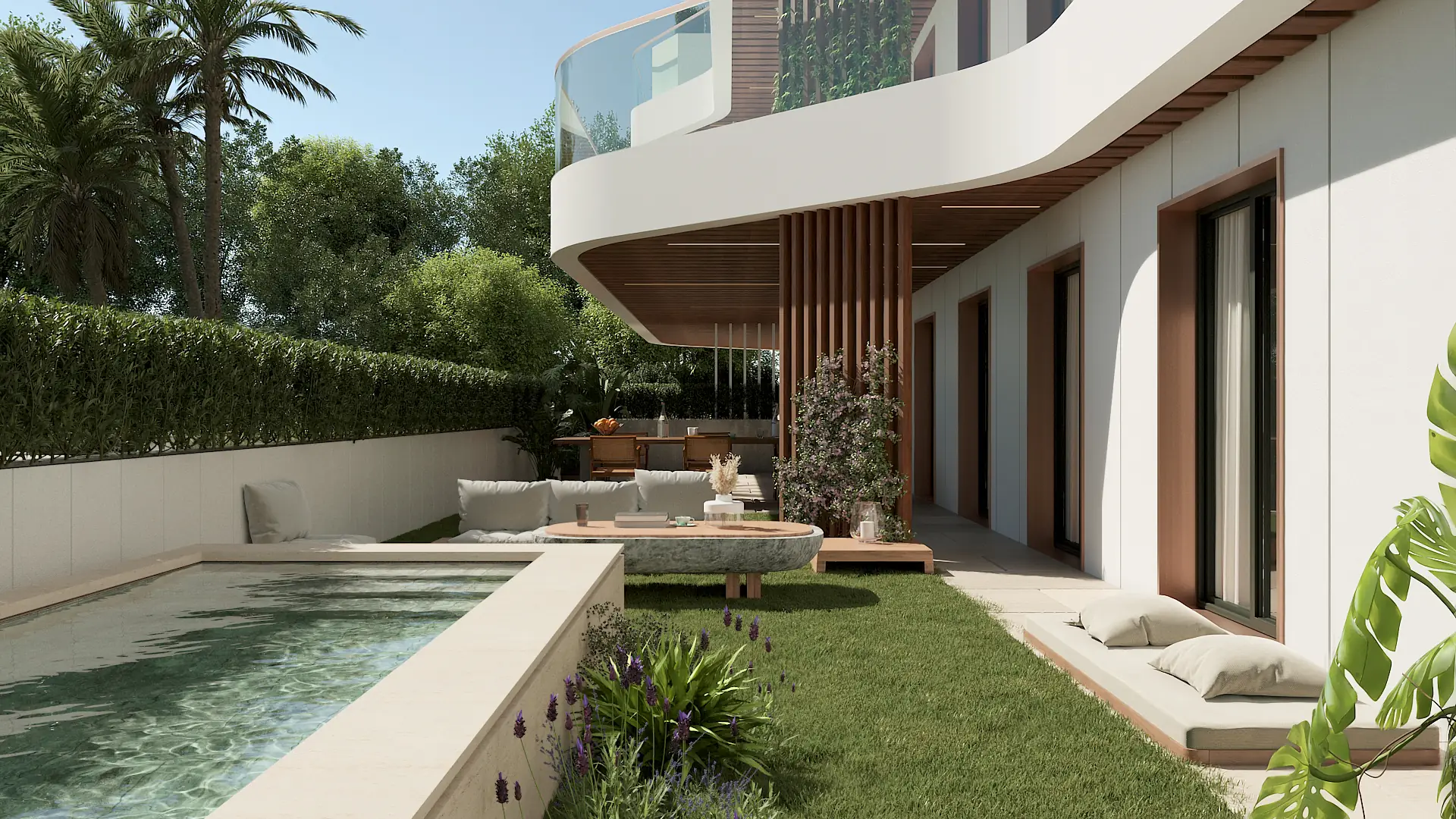 Exterior de villa de lujo con arquitectura de líneas curvas, piscina privada y zona ajardinada