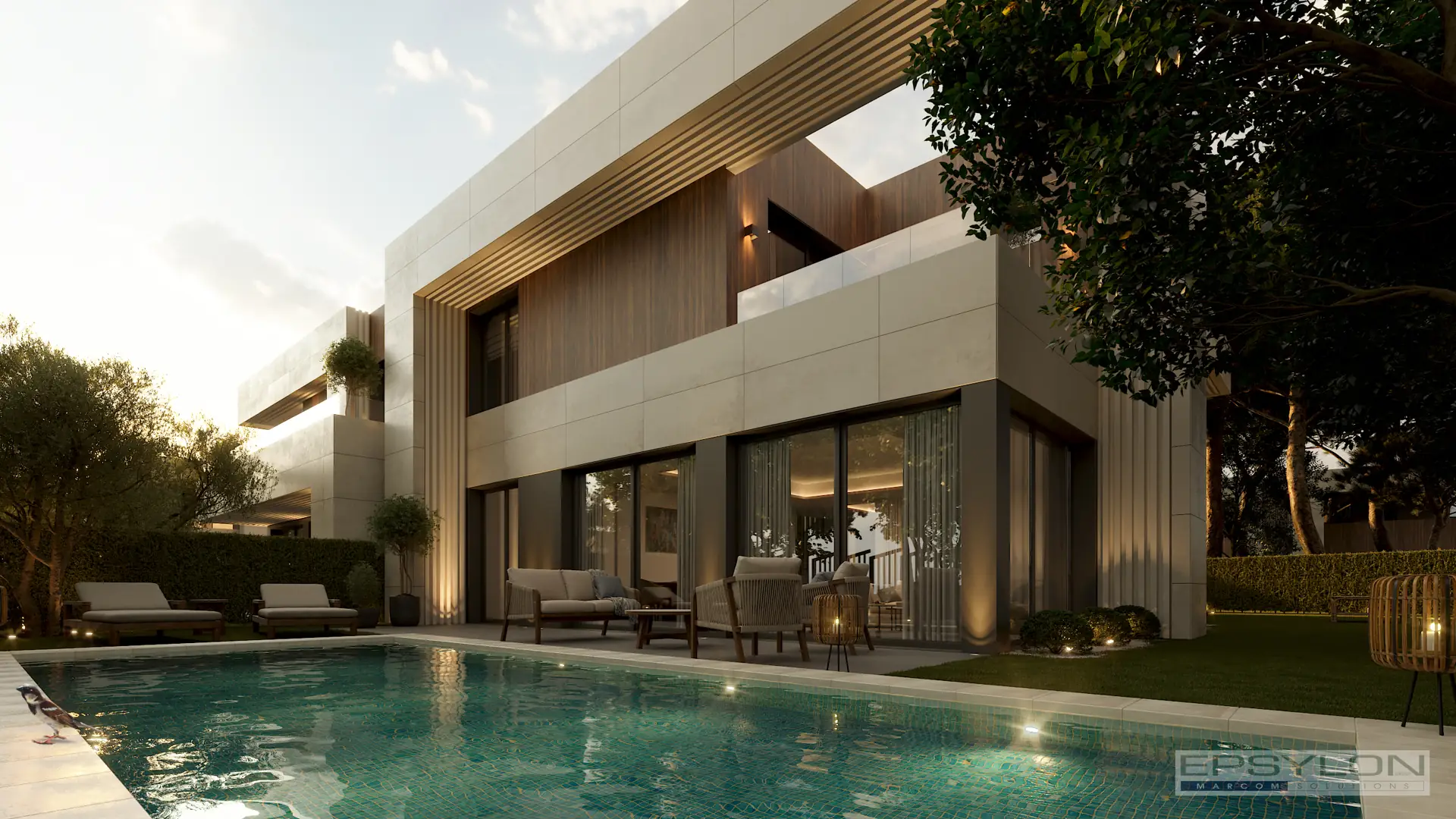 Render exterior nocturno de villa moderna de lujo con piscina iluminada y amplia terraza