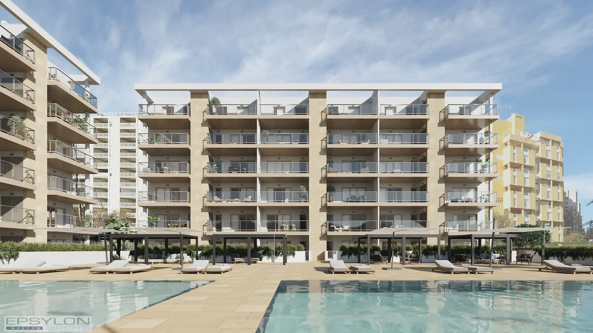 Fachada posterior de edificio residencial de obra nueva con amplias terrazas y zona de piscina comunitaria