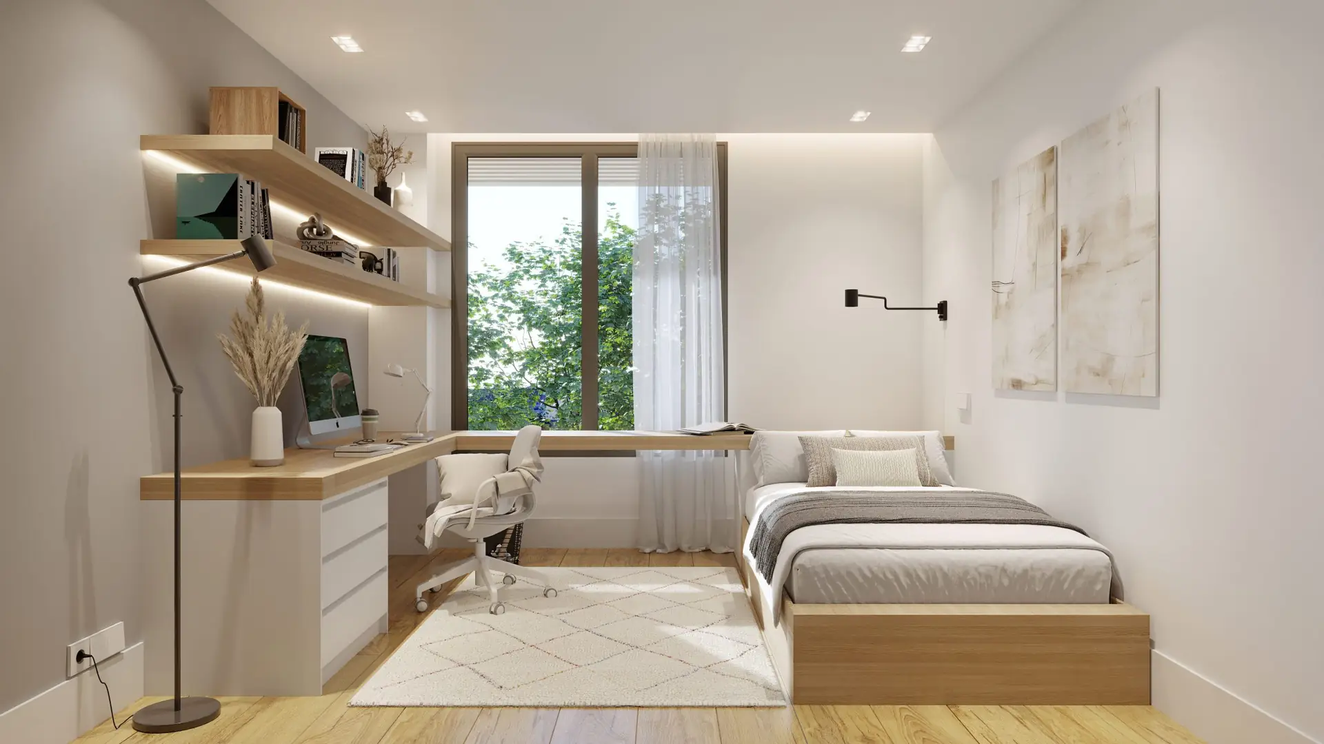 Render interior de dormitorio juvenil moderno con amplia zona de estudio y luminosidad natural