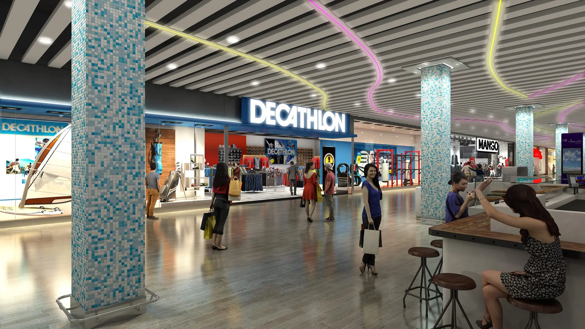 Visualización 3D de interior para gran superficie comercial (retail) mostrando distribución y acabados