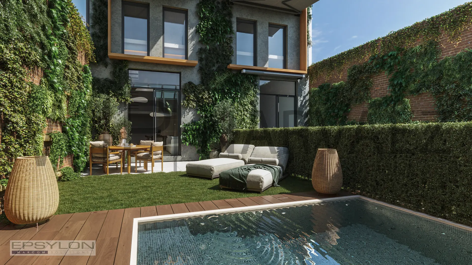 Diseño de jardín privado con pequeña piscina, zona de solárium y muro vegetal vertical