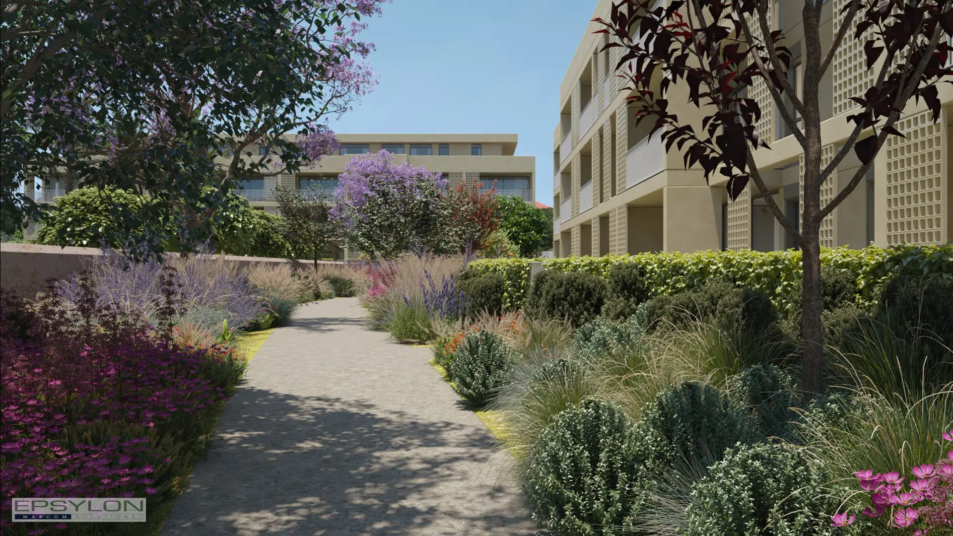 Diseño de paisajismo urbano con sendero peatonal rodeado de vegetación variada entre edificios residenciales