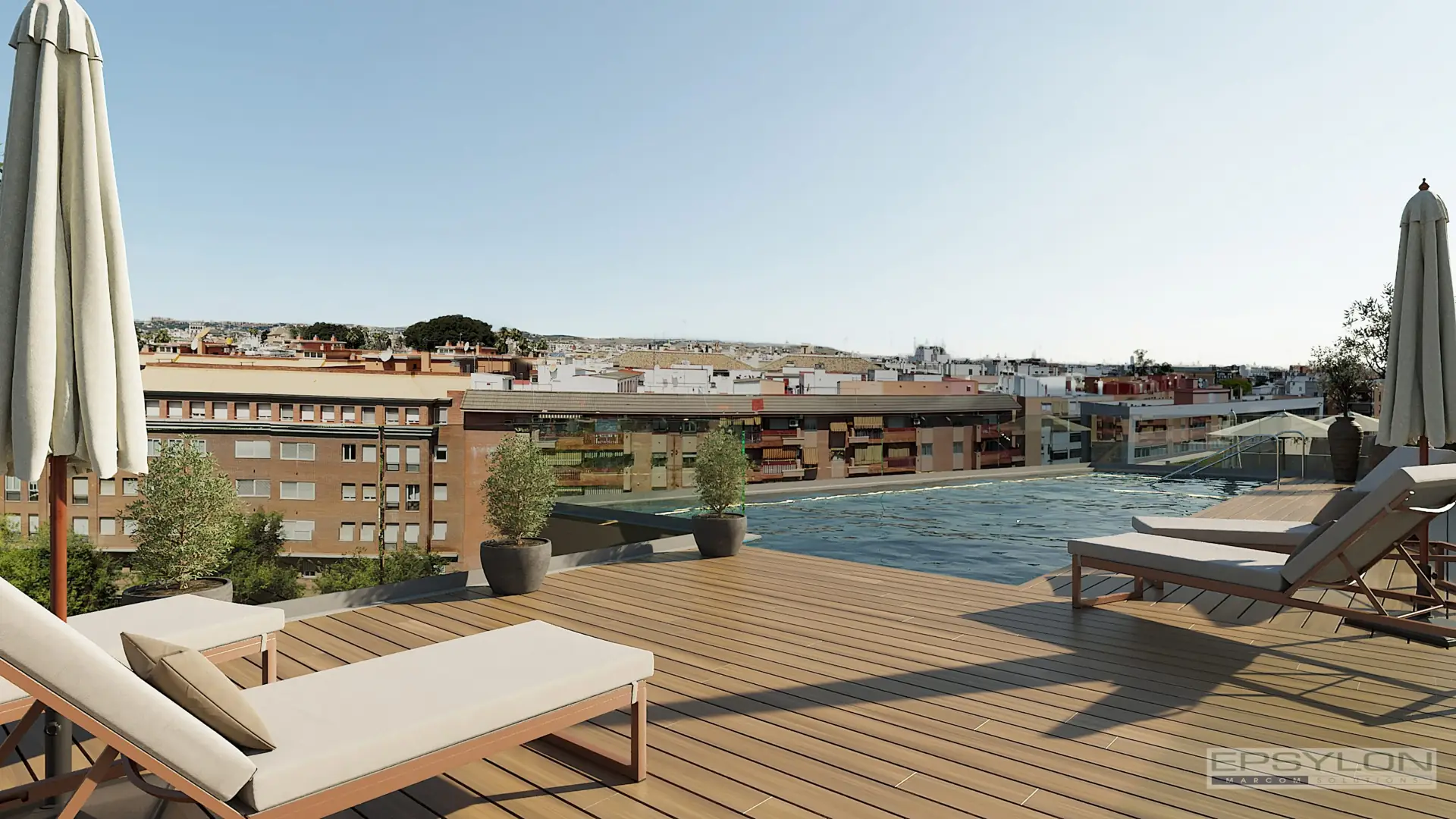 Espectacular piscina infinity en azotea con solárium de madera y vistas panorámicas a la ciudad