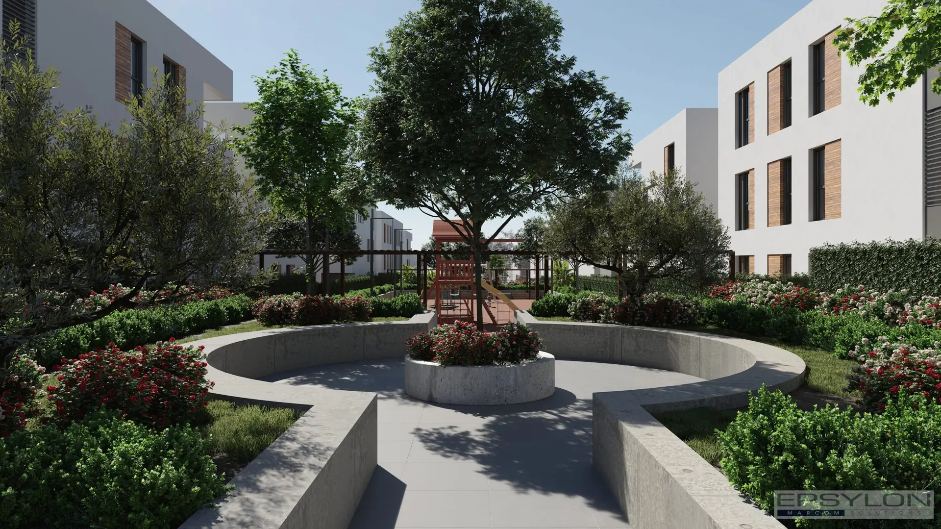 Vista de zonas comunes ajardinadas en urbanización residencial moderna con áreas de descanso