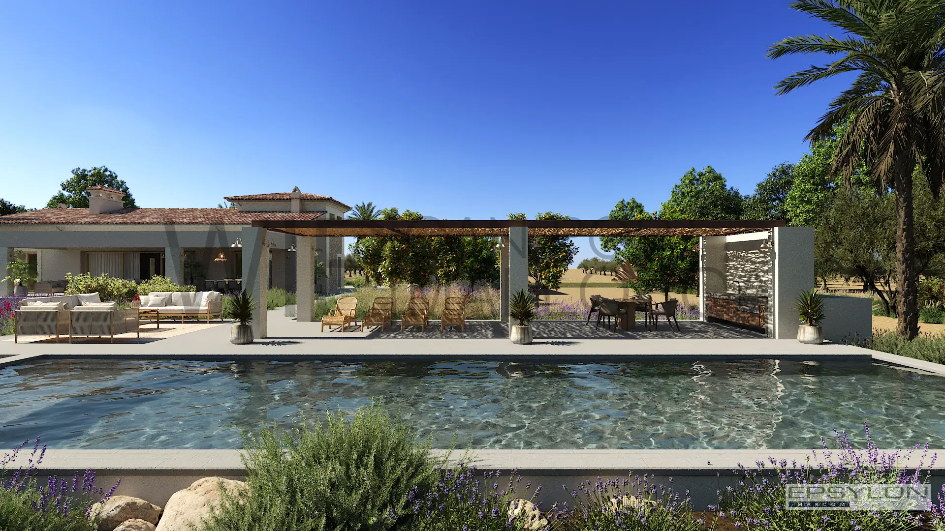 Visualización 3D de jardín con piscina y pérgola de estilo mediterráneo con vegetación autóctona