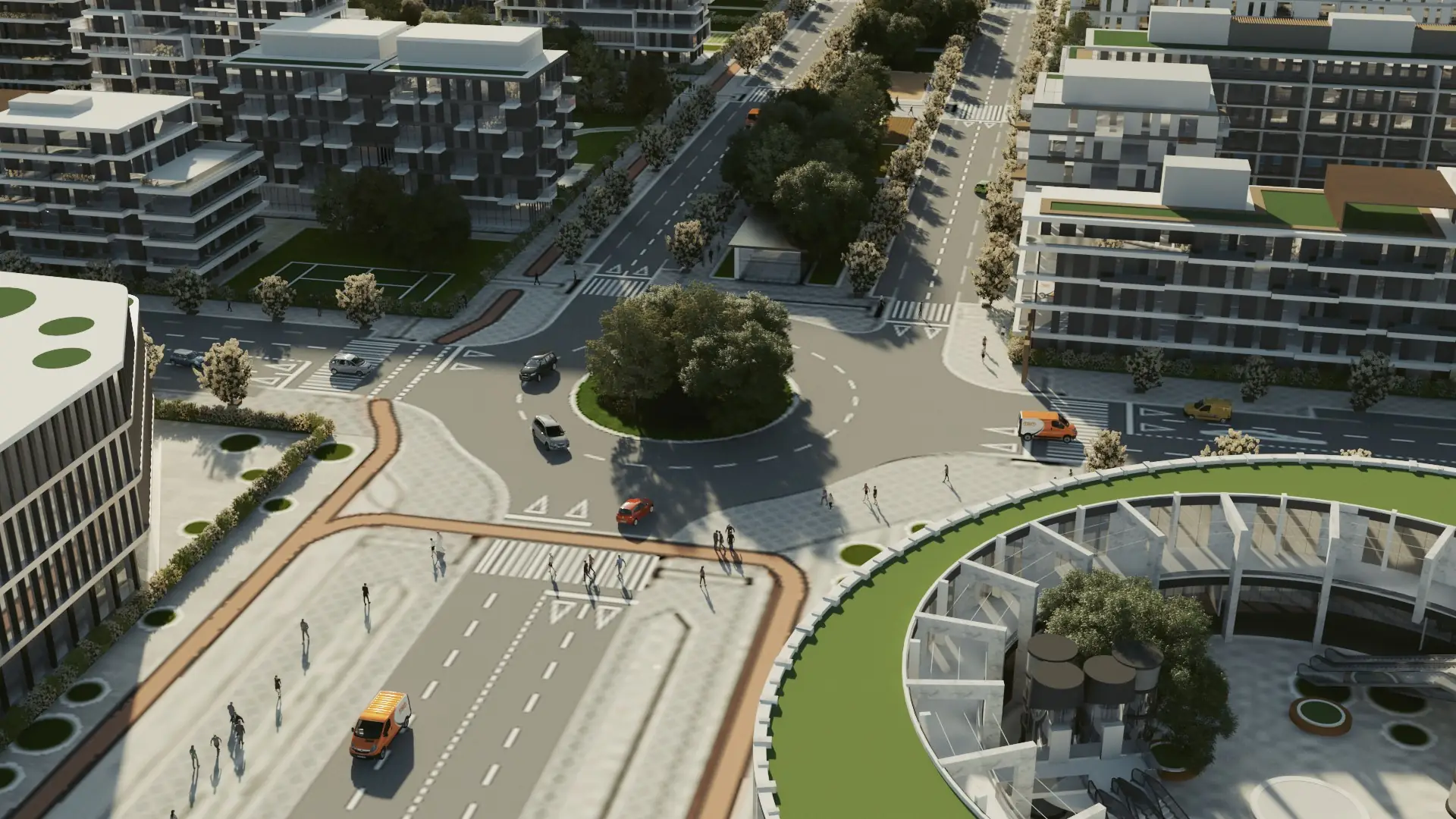 Visualización arquitectónica de planificación urbana mostrando diseño de viales, rotondas y zonas verdes