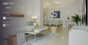 Interfaz de configurador de calidades virtual para personalizar materiales y acabados sobre renders 3D.