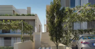 Infografía 3D fotorrealista de arquitectura residencial mostrando exteriores y zonas comunes